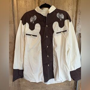 El General Cream and Brown Western Shirt w/toggle buttons and Nehru collar
